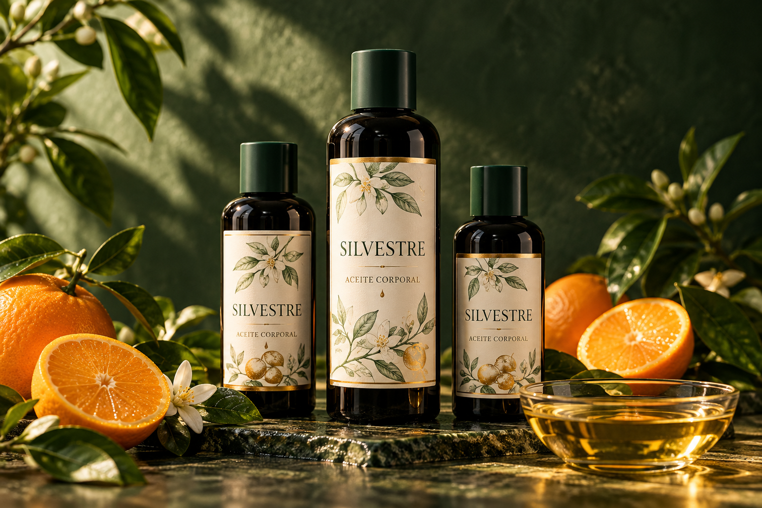 Propuesta de envases Silvestre con etiquetas botánicas, cítricos y aceite dorado